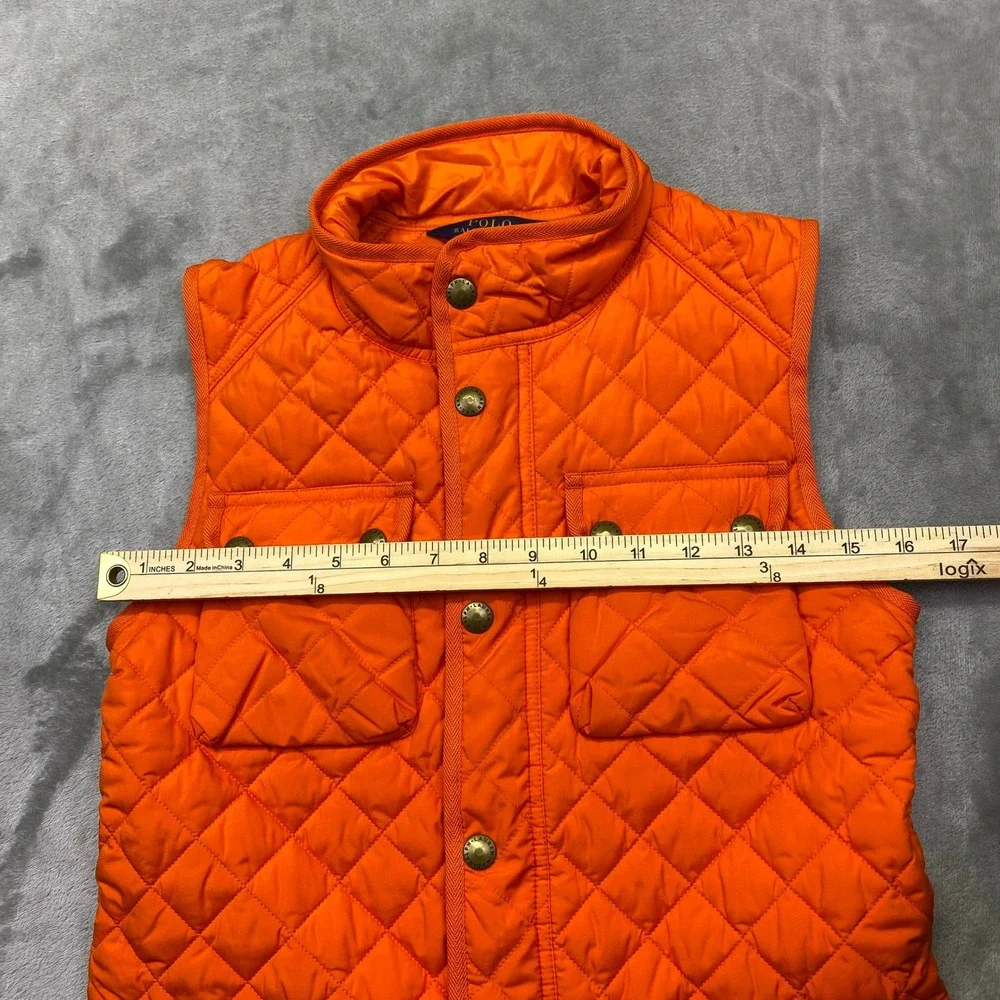 Polo Ralph Lauren Quilted Orange Puffer Vest Kids Sz L 12/14 Snap Button Pockets